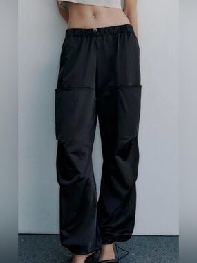 Zara Black Satin Effect Parachute Cargo Trouser Pants Size XS Gorpcore Y2K  90’s